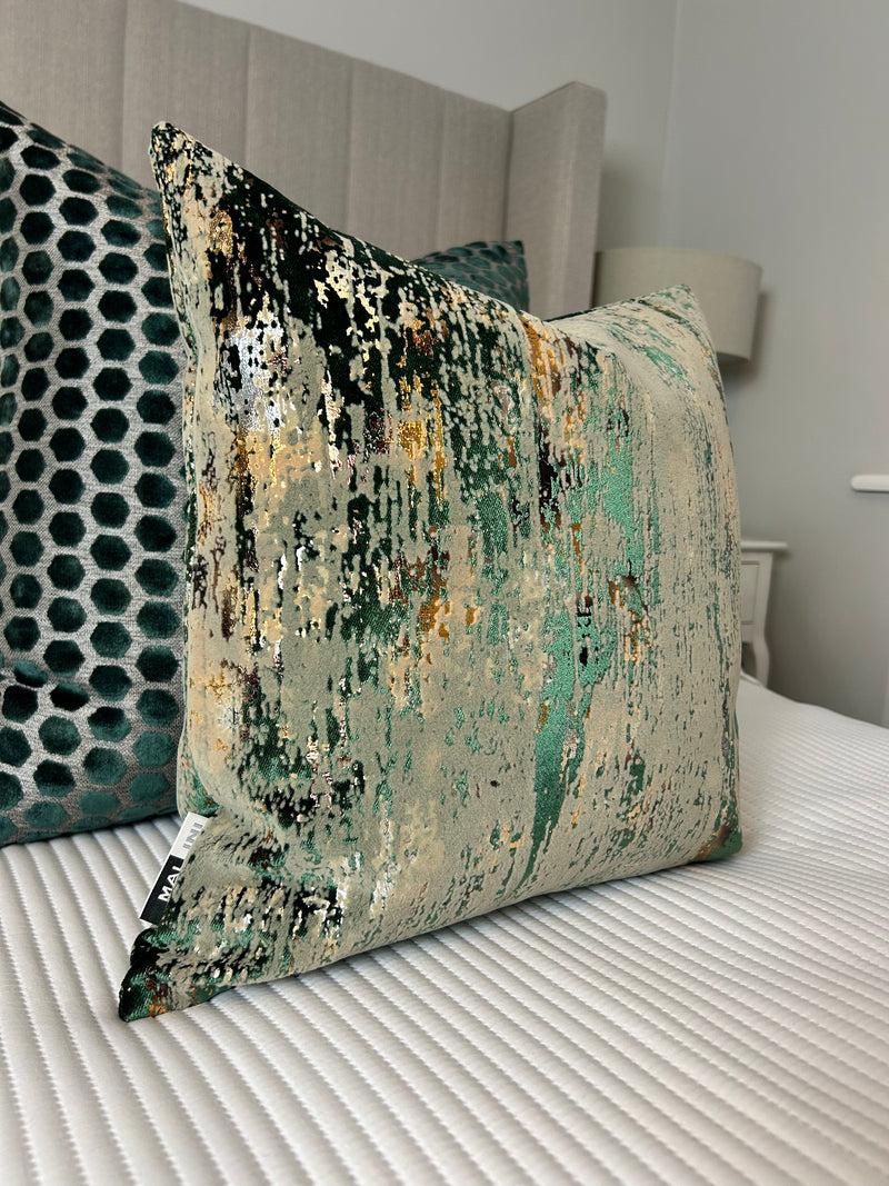 Torcello Green Taupe Gold bronze Feather Cushion 45cm