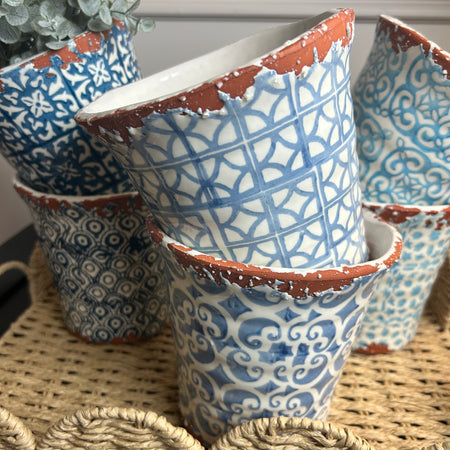 Blue Glazed Terracotta rustic Plant Pots, 6 designs 3 colours