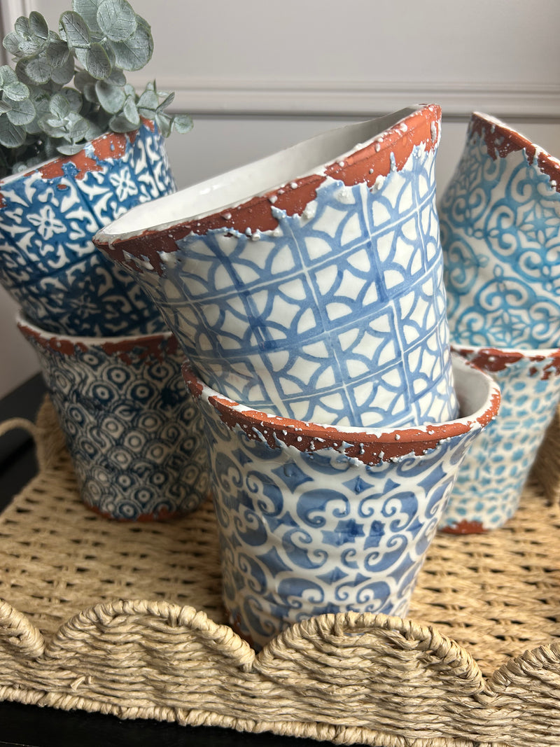 Blue Glazed Terracotta rustic Plant Pots, 6 designs 3 colours