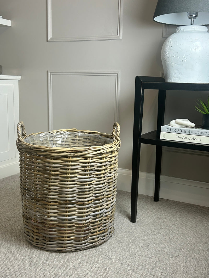 White washed large lined basket with handles