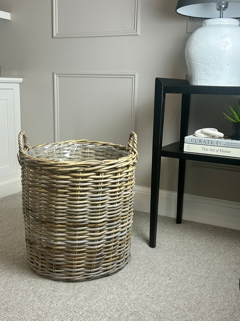 White washed large lined basket with handles