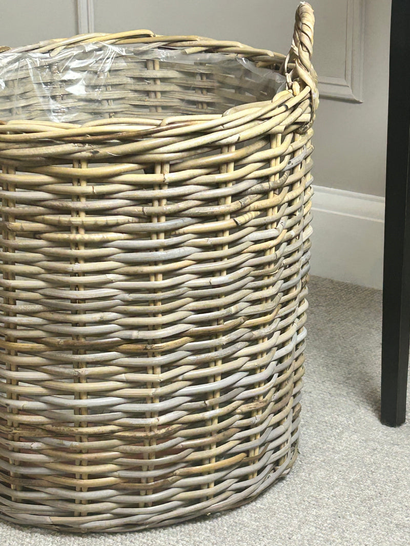 White washed large lined basket with handles