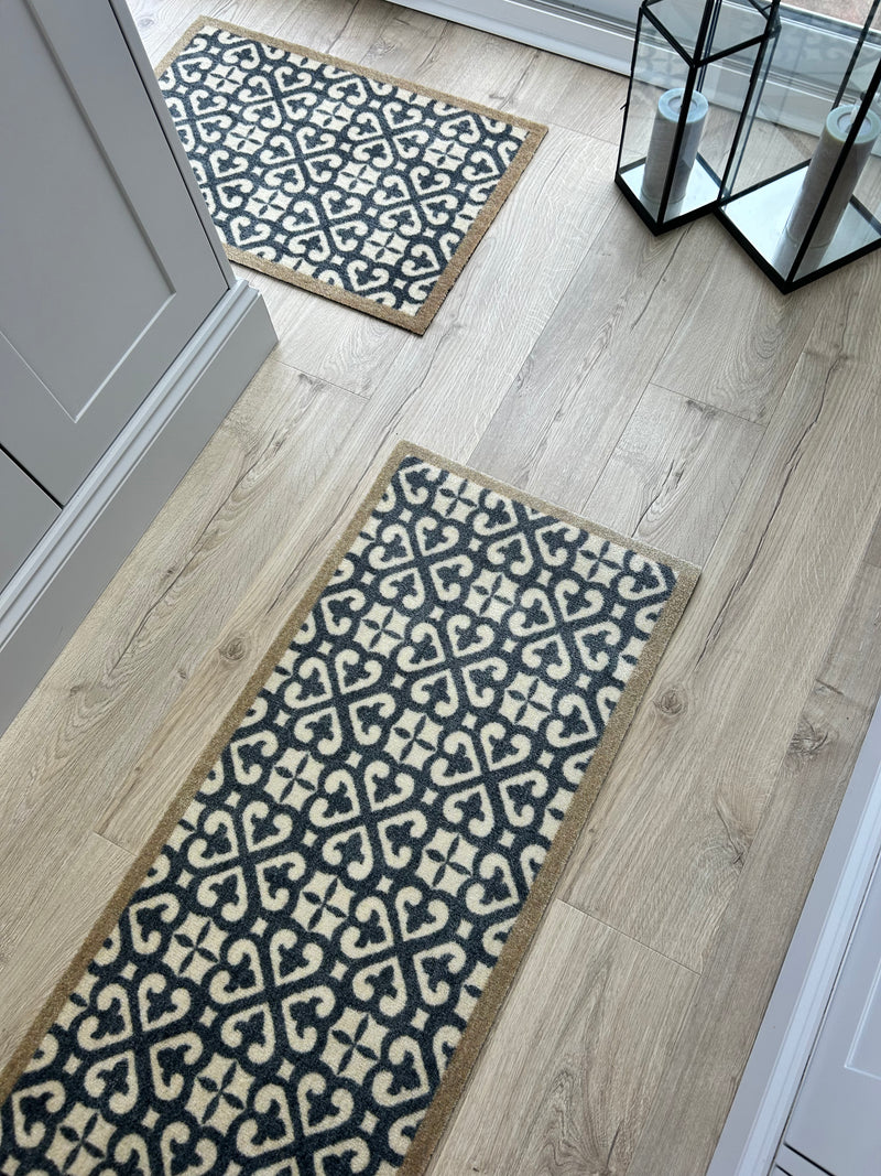 Harlequin Grey Taupe Tile Patterned Washable Door Mat & Runner rug