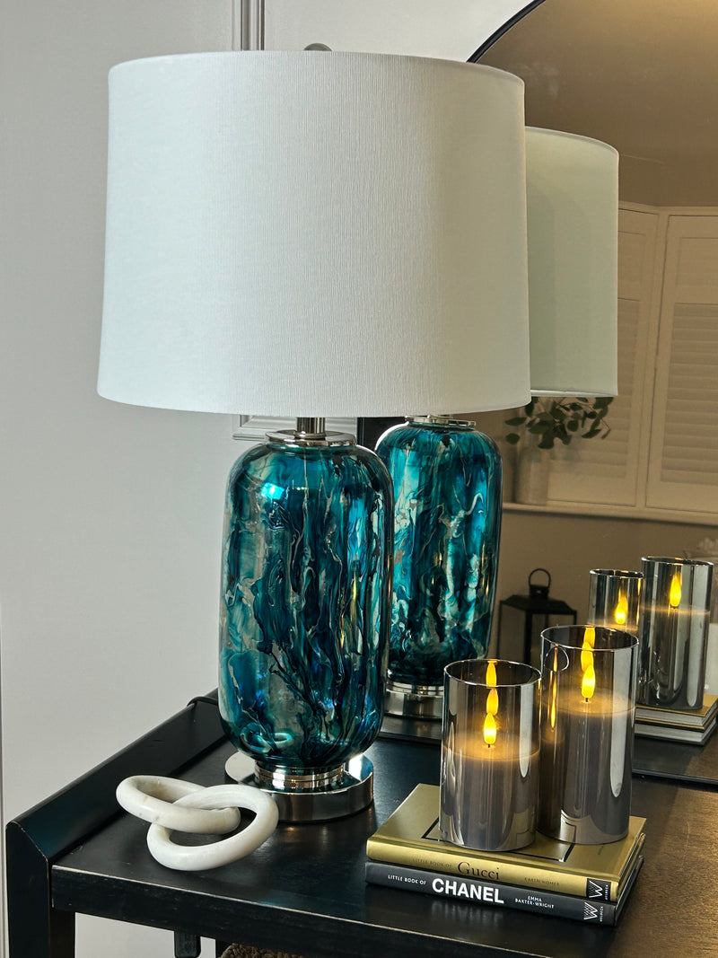 Blue turquoise navy silver lamp with white shade