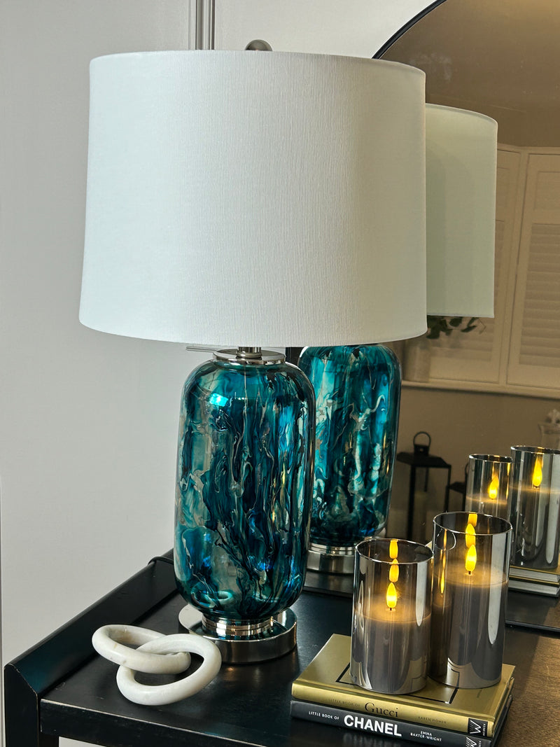 Blue turquoise navy silver lamp with white shade