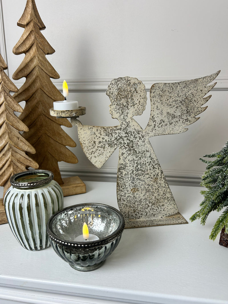 Tall rustic metal angel candle holder 28cm