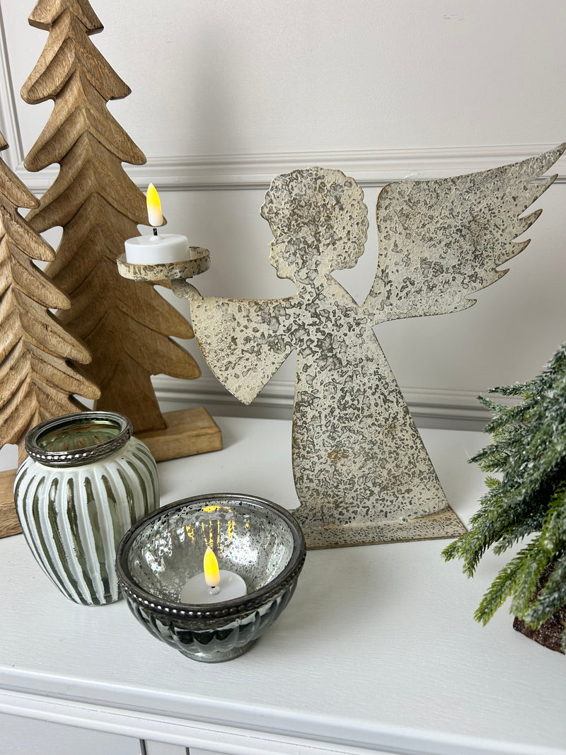 Tall rustic metal angel candle holder 28cm