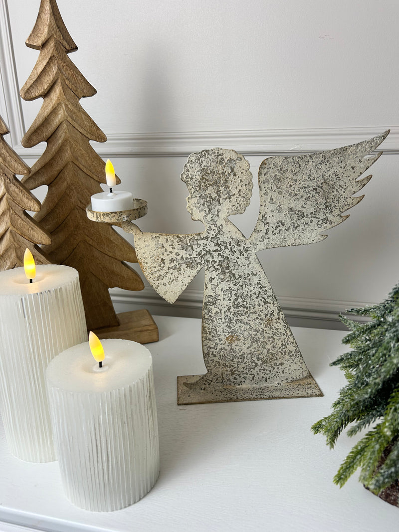 Tall rustic metal angel candle holder 28cm