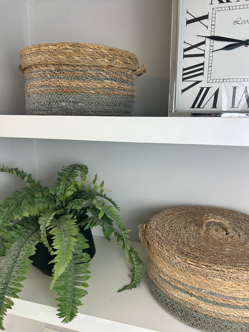 Natural woven stripe lidded baskets 3 sizes chambray