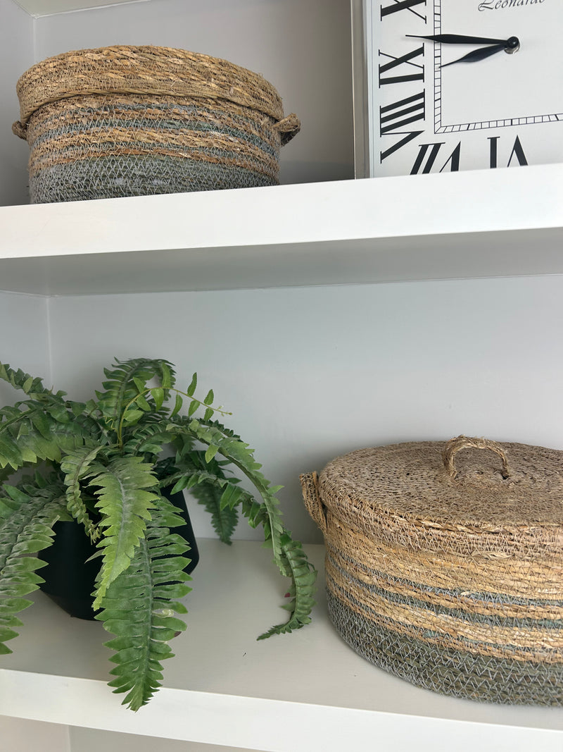 Natural woven stripe lidded baskets 3 sizes chambray