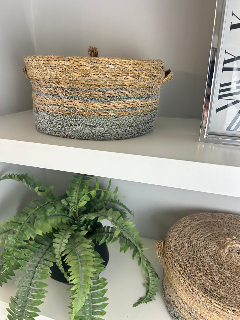 Natural woven stripe lidded baskets 3 sizes chambray