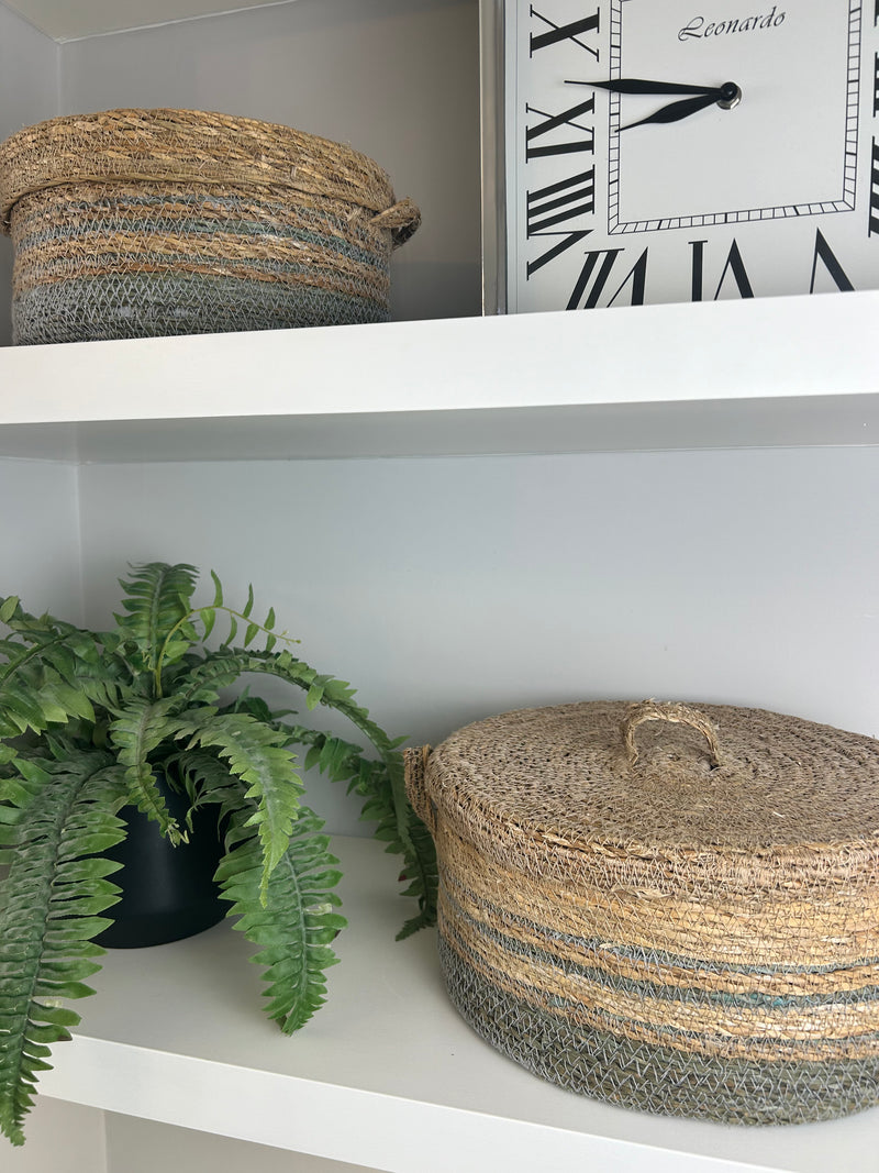 Natural woven stripe lidded baskets 3 sizes chambray