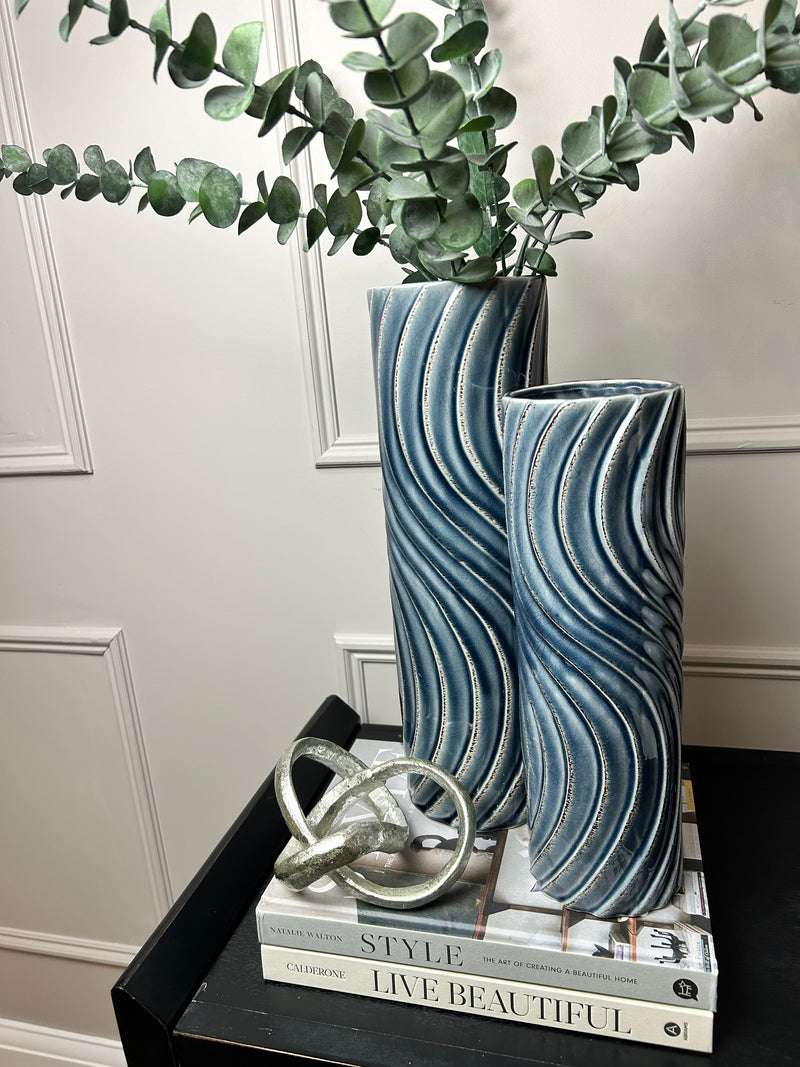 Blue Tall Wavy wave Texture Straight Sided Vase 2 Sizes