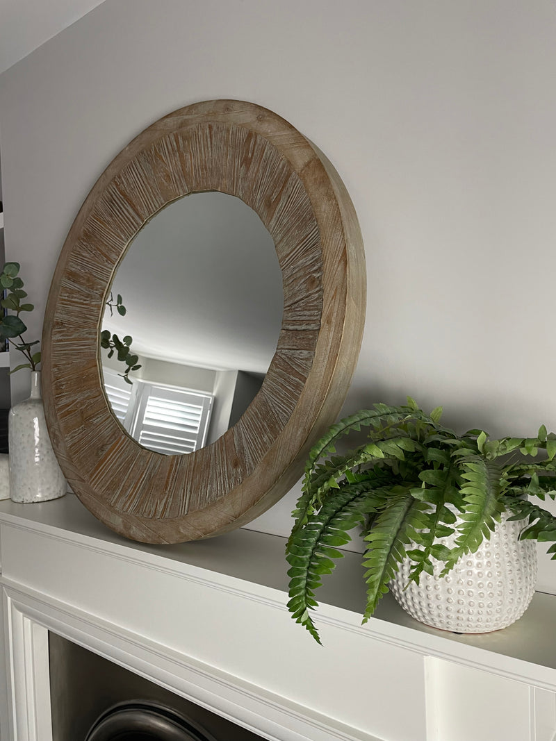 Washed wood round chunky mirror