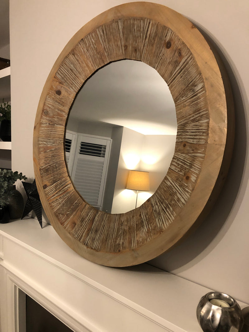 Washed wood round chunky mirror