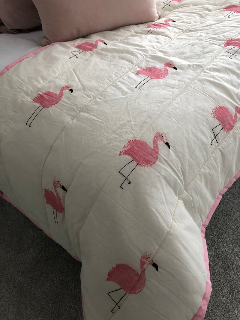 White and pink flamingo bedspread runner