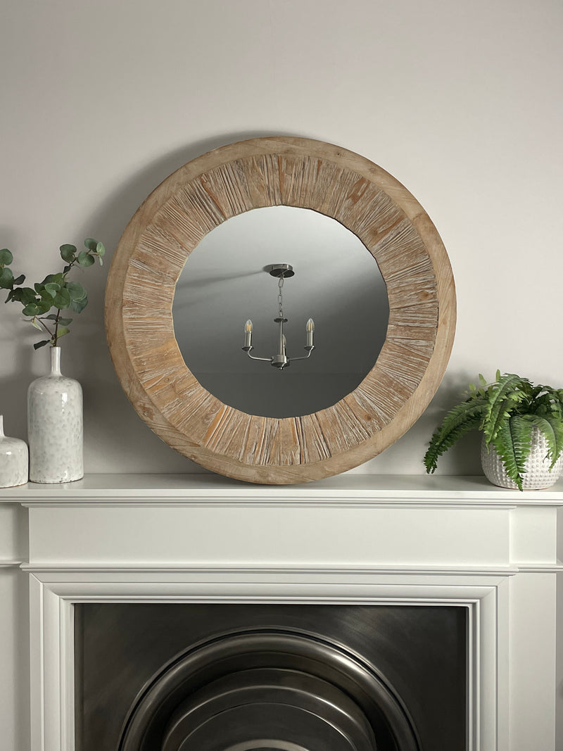 Washed wood round chunky mirror