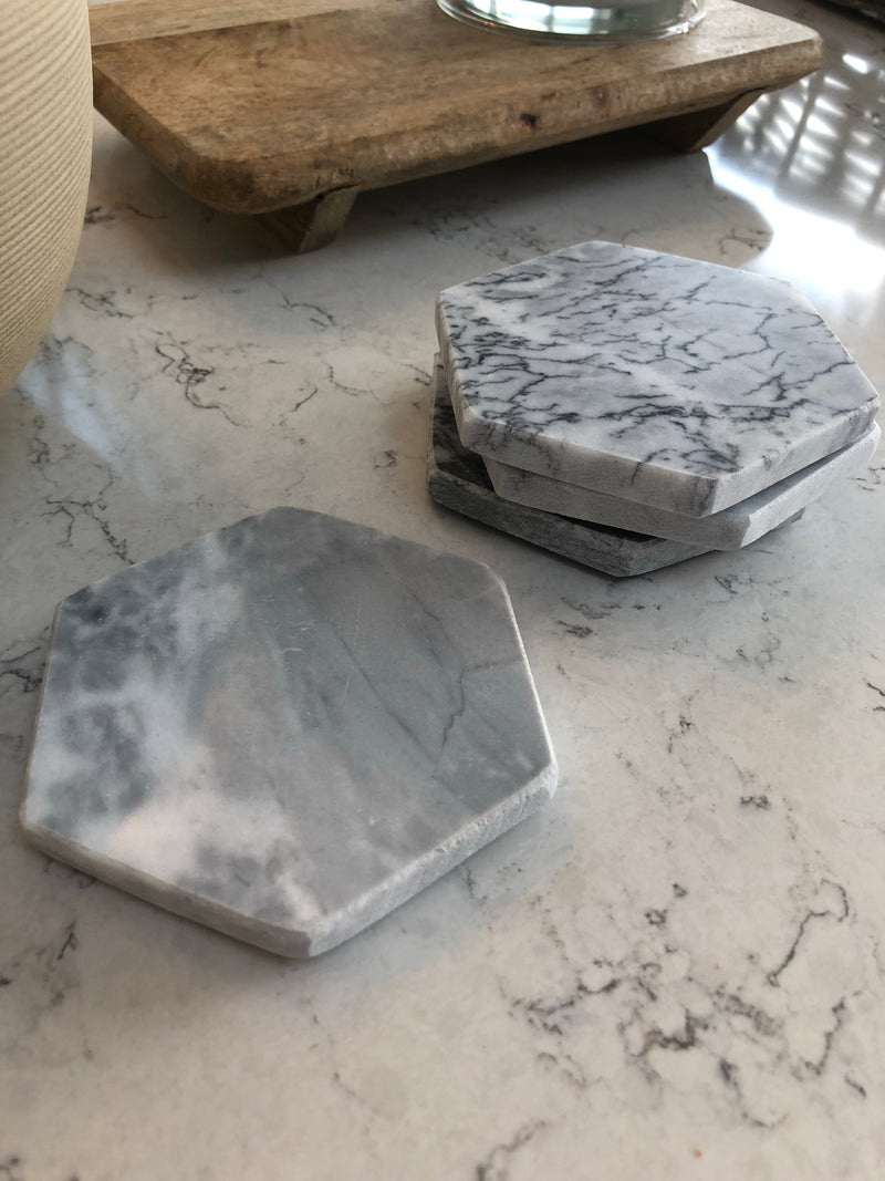 Grey marble hexagonal coasters set 4