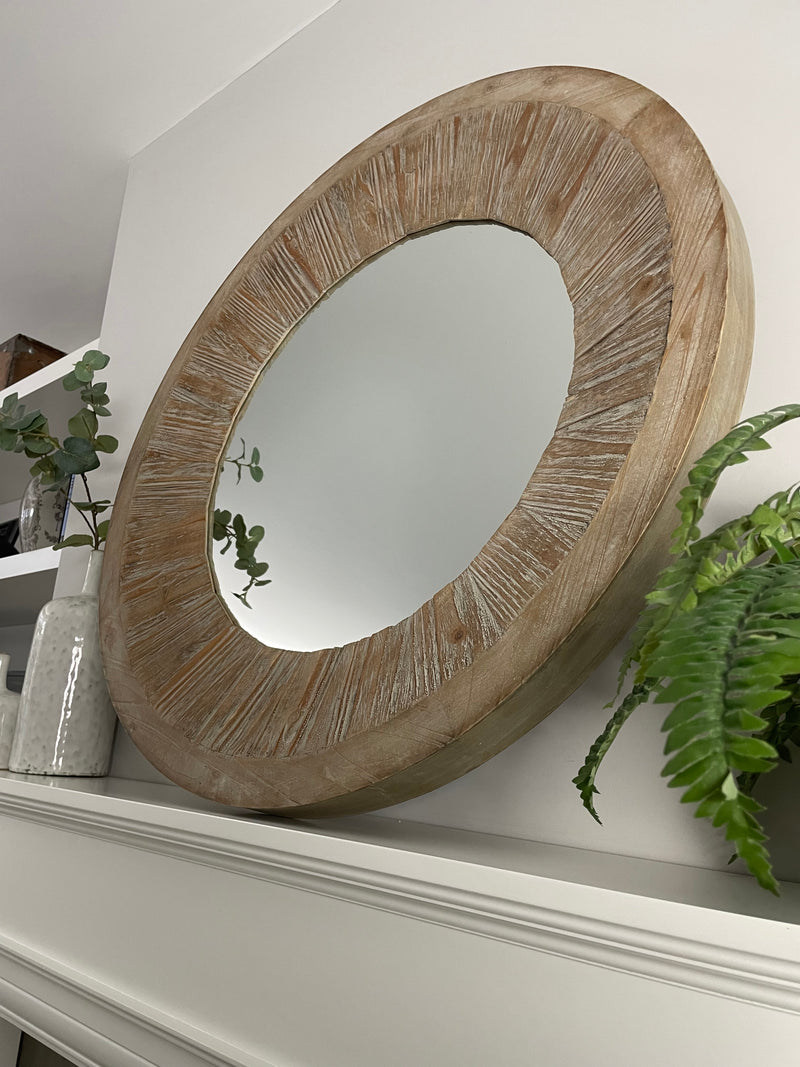 Washed wood round chunky mirror