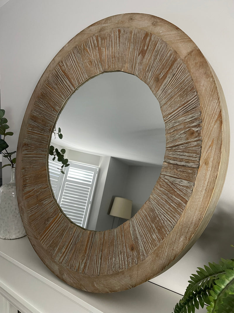 Washed wood round chunky mirror