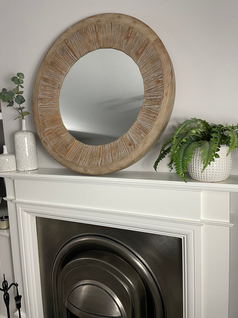 Washed wood round chunky mirror