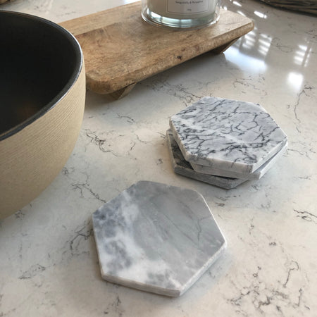 Grey marble hexagonal coasters set 4