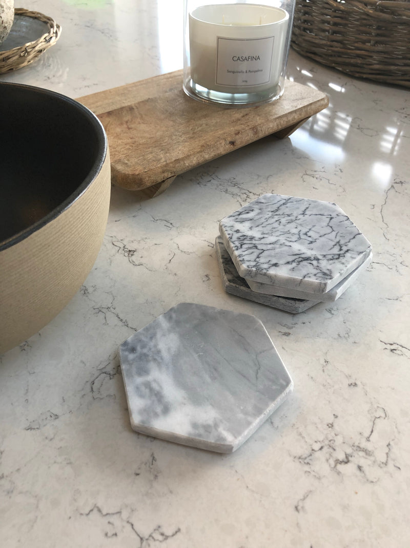 Grey marble hexagonal coasters set 4