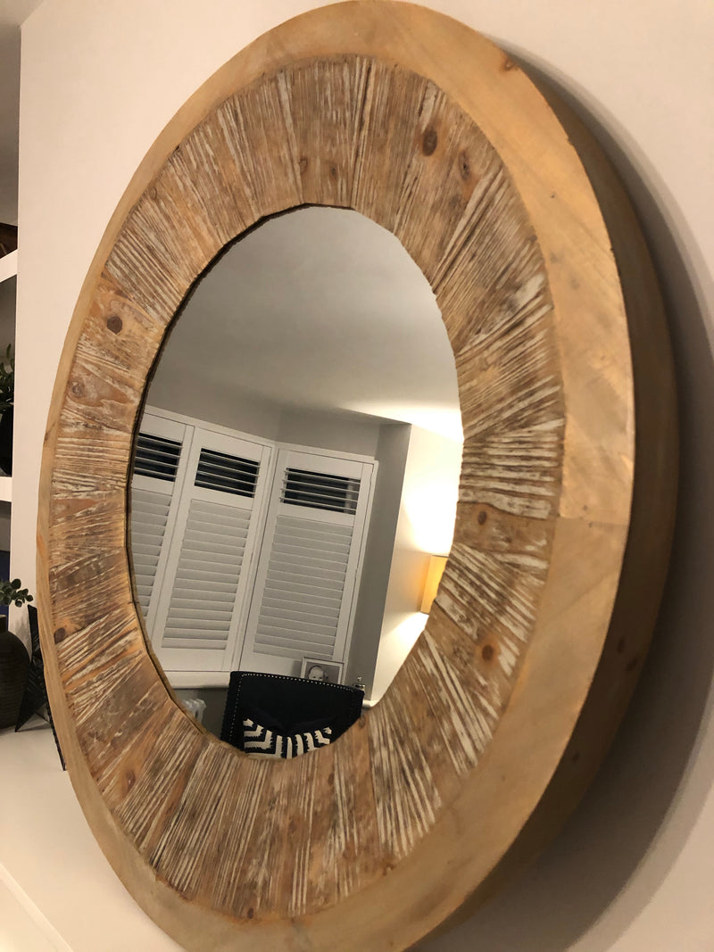 Washed wood round chunky mirror