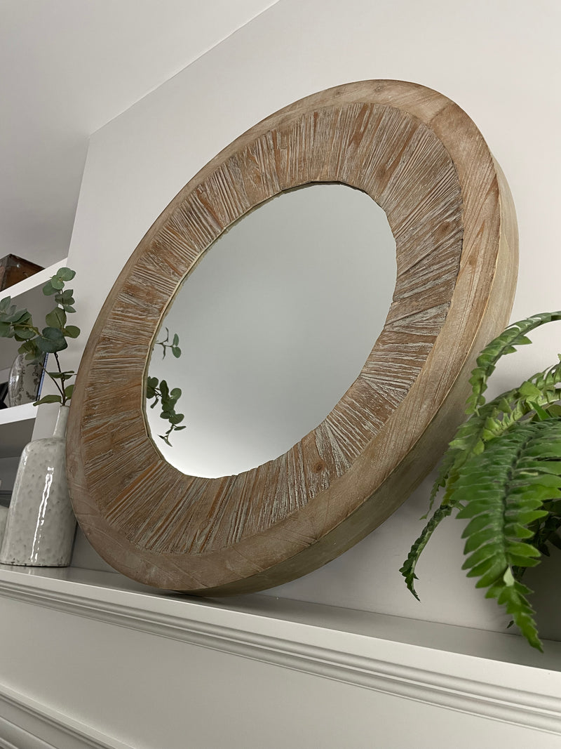 Washed wood round chunky mirror