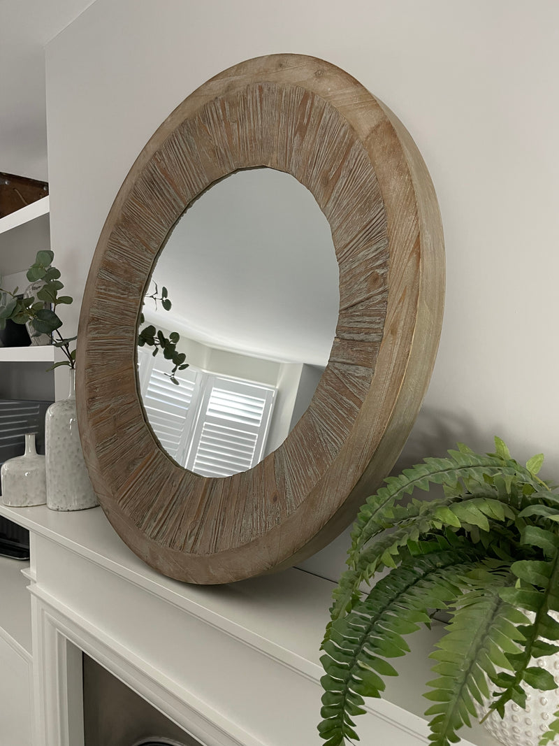 Washed wood round chunky mirror