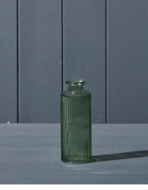 Vintage Green Slim Ribbed Glass Bottle