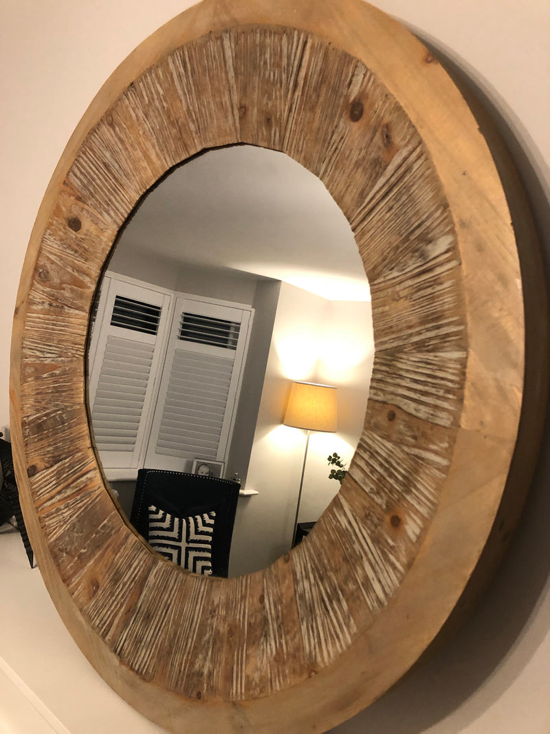 Washed wood round chunky mirror