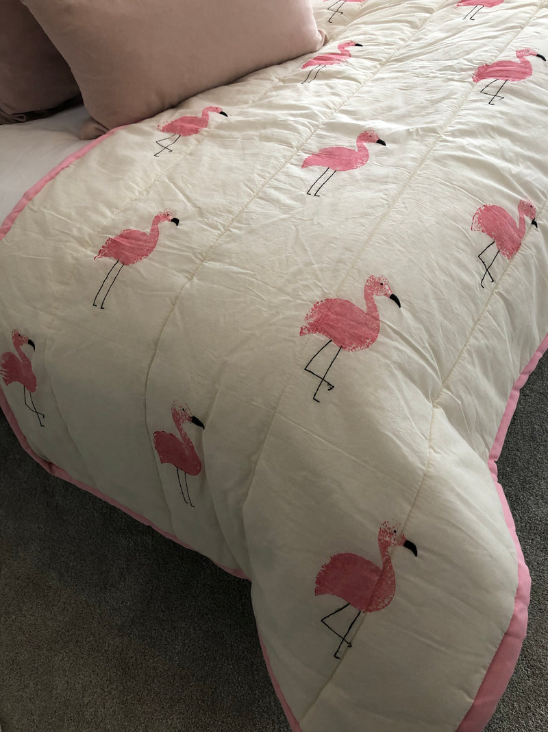 White and pink flamingo bedspread runner