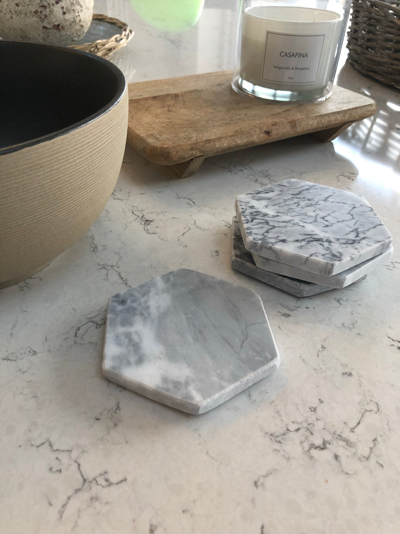 Grey marble hexagonal coasters set 4