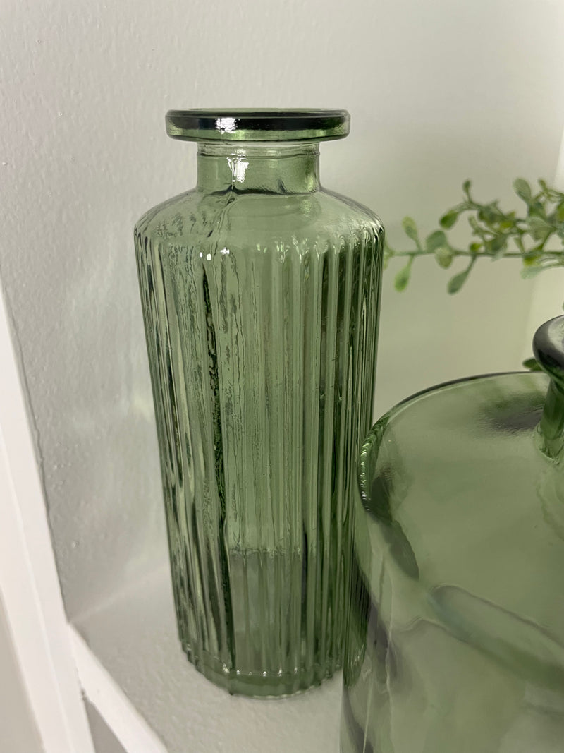 Vintage Green Slim Ribbed Glass Bottle