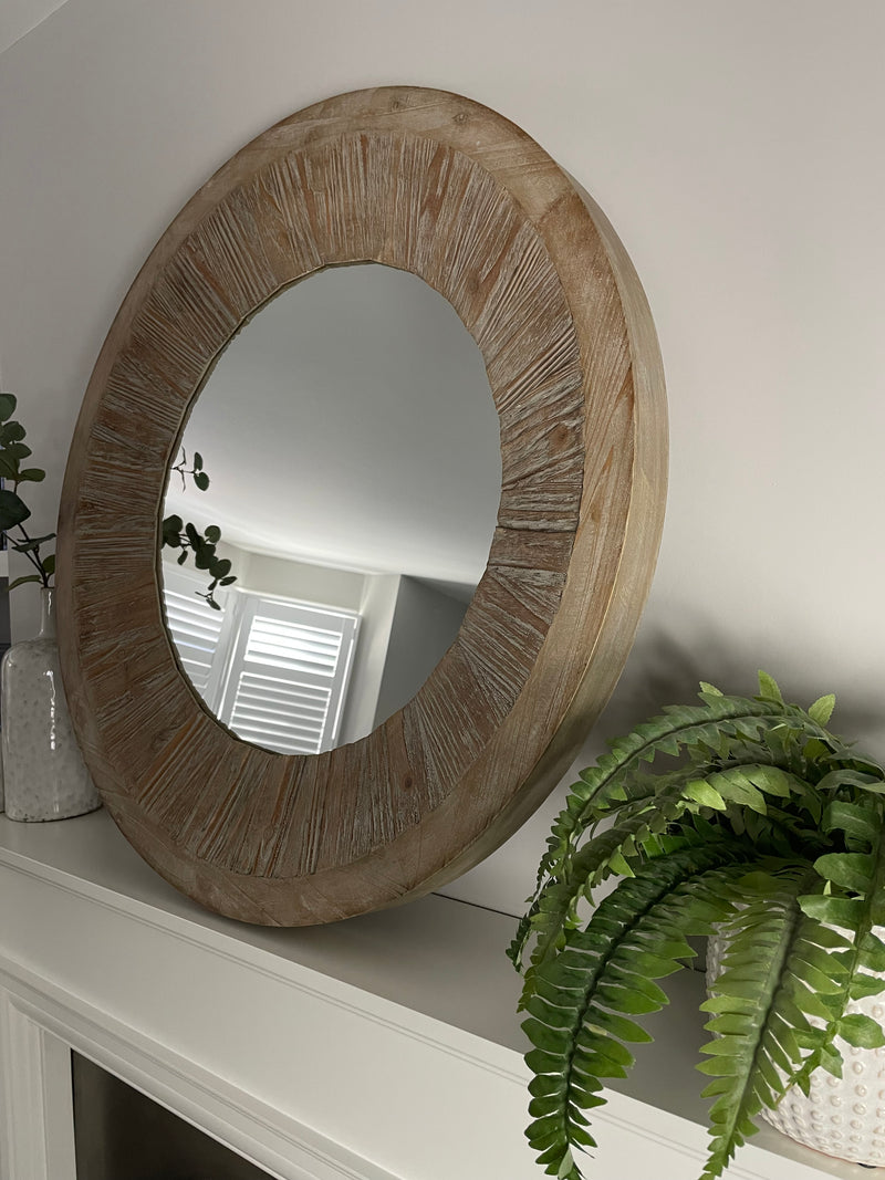 Washed wood round chunky mirror