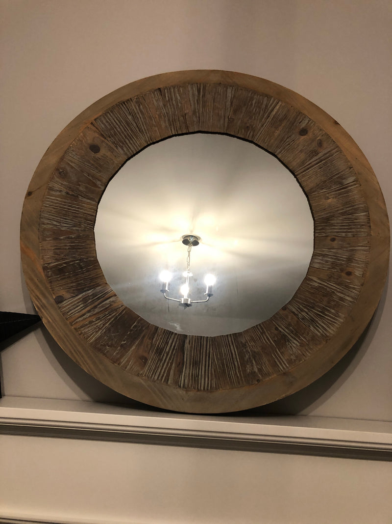 Washed wood round chunky mirror