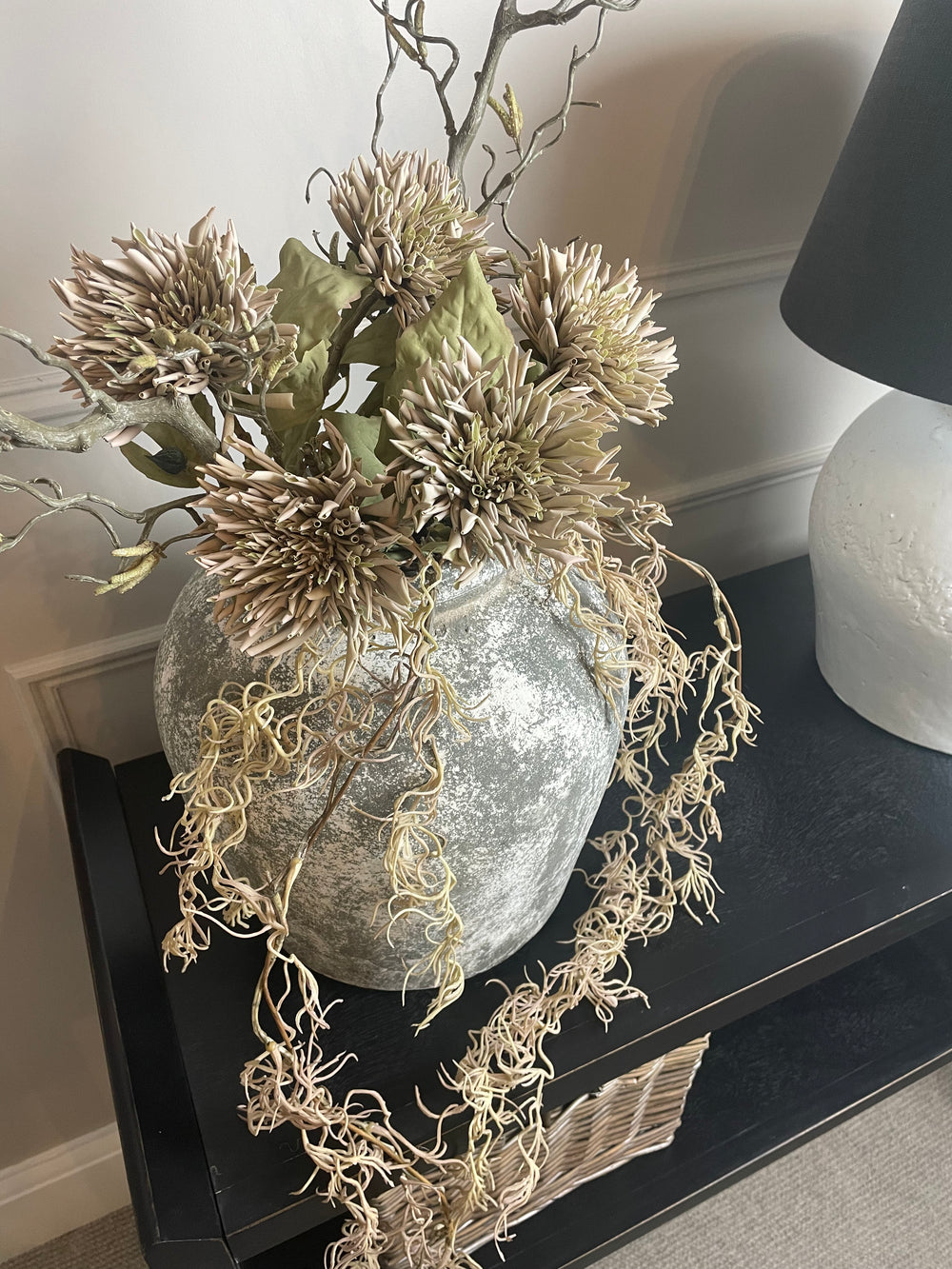 Spanish Moss In Pot, Faux Flowers