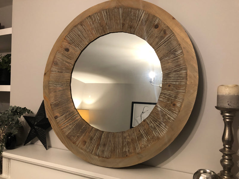 Washed wood round chunky mirror