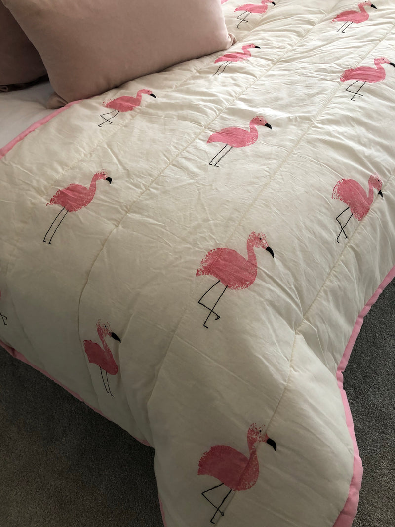 White and pink flamingo bedspread runner